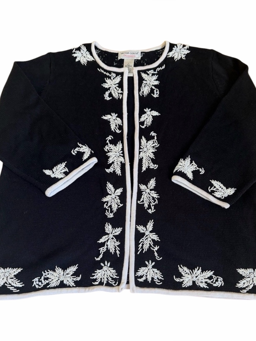 Victor Costa Vintage Black Cardigan with White Floral Beading Size L